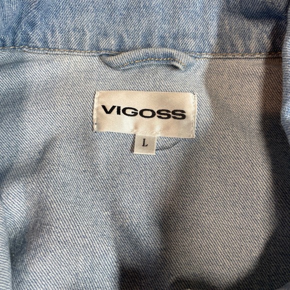 VIGOSS Women's Patchwork Denim Jacket Size L Blue White Long Sleeve Cropped - Picture 3 of 11
